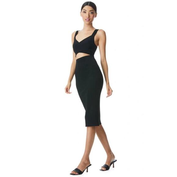 ALICE AND OLIVIA Twist Front Cutout Stretch Cotton Knit Midi Dress In Black XL - Picture 3 of 13